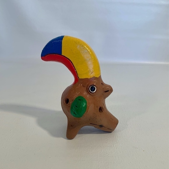 Vintage Ocarina Folk Art Clay Toucan Whistle 3 Head Flute Shape Shift Animal 5” - Picture 8 of 14